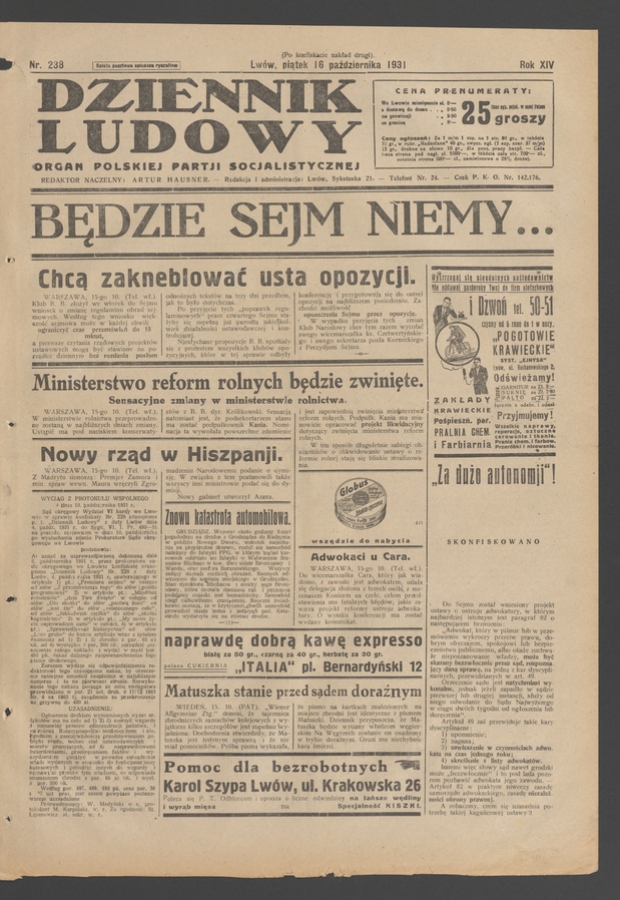 Dziennik Ludowy&nbsp;: organ Polskiej Partji Socjalistycznej. Rok&nbsp;14, 1931, numer&nbsp;238 (po&nbsp;konfiskacie nakład drugi)