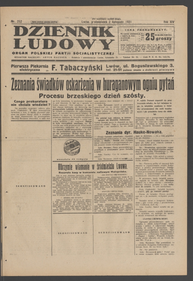 Dziennik Ludowy&nbsp;: organ Polskiej Partji Socjalistycznej. Rok&nbsp;14, 1931, numer&nbsp;252 (po&nbsp;konfiskacie nakład drugi)