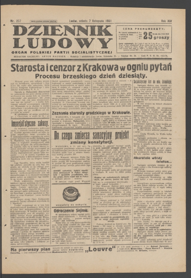 Dziennik Ludowy&nbsp;: organ Polskiej Partji Socjalistycznej. Rok&nbsp;14, 1931, numer&nbsp;257
