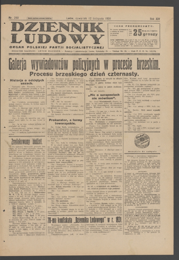Dziennik Ludowy&nbsp;: organ Polskiej Partji Socjalistycznej. Rok&nbsp;14, 1931, numer&nbsp;260