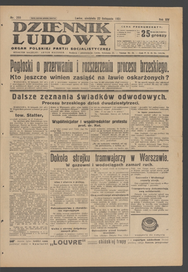 Dziennik Ludowy&nbsp;: organ Polskiej Partji Socjalistycznej. Rok&nbsp;14, 1931, numer&nbsp;269
