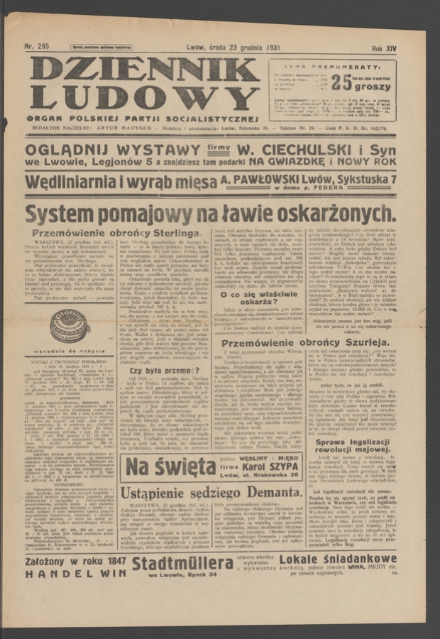 Dziennik Ludowy&nbsp;: organ Polskiej Partji Socjalistycznej. Rok&nbsp;14, 1931, numer&nbsp;295