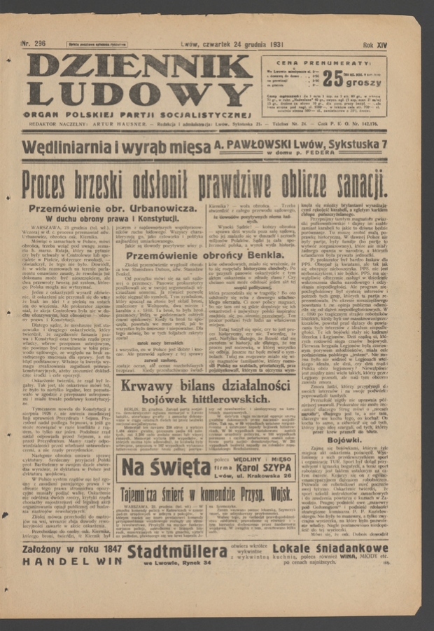 Dziennik Ludowy&nbsp;: organ Polskiej Partji Socjalistycznej. Rok&nbsp;14, 1931, numer&nbsp;296