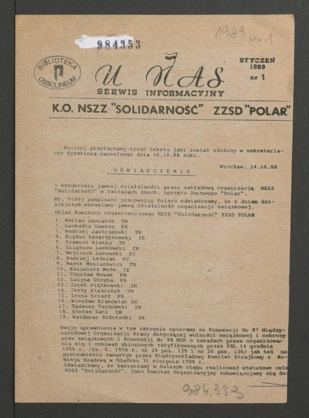 U Nas&nbsp;: serwis informacyjny KO NSZZ &bdquo;Solidarność&rdquo; ZZSD &bdquo;Polar&rdquo;.&nbsp;1989, numer&nbsp;1