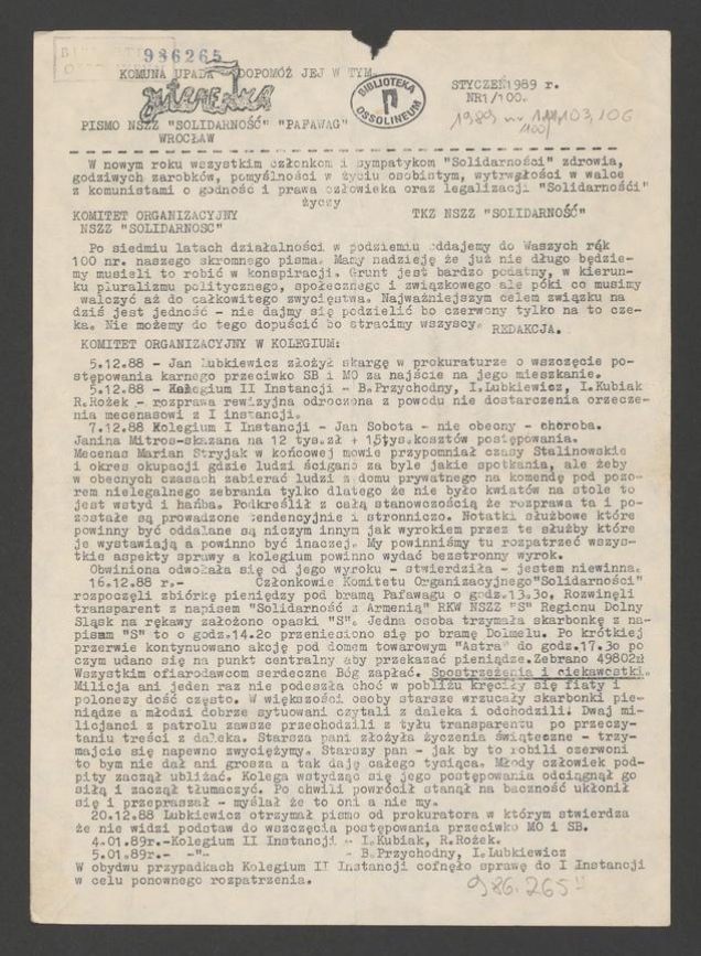 Jutrzenka&nbsp;: pismo NSZZ &bdquo;Solidarność&rdquo; Pafawag Wrocław. 1989, numer&nbsp;1&nbsp;(100)