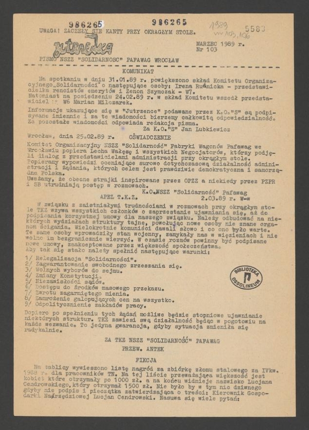 Jutrzenka&nbsp;: pismo NSZZ &bdquo;Solidarność&rdquo; Pafawag Wrocław. 1989, numer&nbsp;103