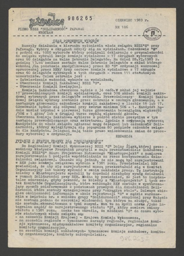 Jutrzenka&nbsp;: pismo NSZZ &bdquo;Solidarność&rdquo; Pafawag Wrocław. 1989, numer&nbsp;106
