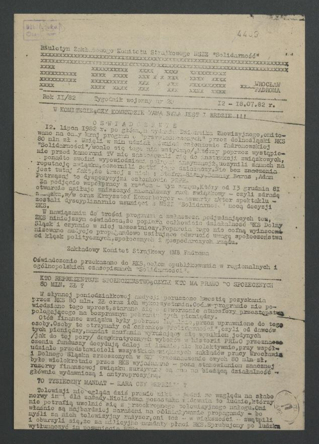 Fama&nbsp;: biuletyn Zakładowego Komitetu Strajkowego NSZZ &bdquo;Solidarność&rdquo; Wrocław Fadroma&nbsp;: tygodnik wojenny. Rok&nbsp;2, 1982, numer&nbsp;20