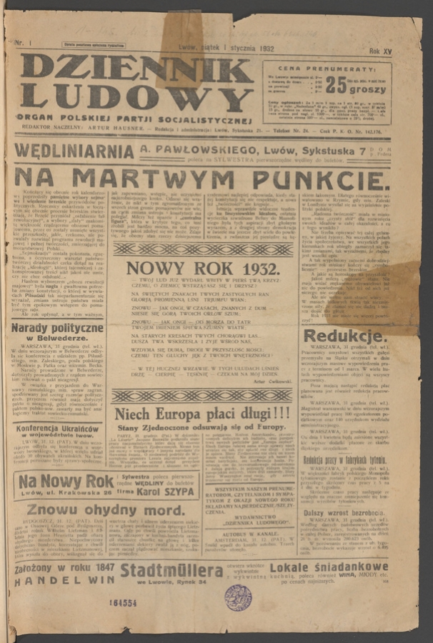 Dziennik Ludowy&nbsp;: organ Polskiej Partji Socjalistycznej. Rok&nbsp;15, 1932, numer&nbsp;1