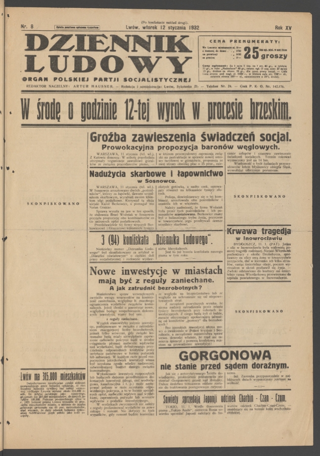 Dziennik Ludowy&nbsp;: organ Polskiej Partji Socjalistycznej. Rok&nbsp;15, 1932, numer&nbsp;8 (po&nbsp;konfiskacie nakład drugi)