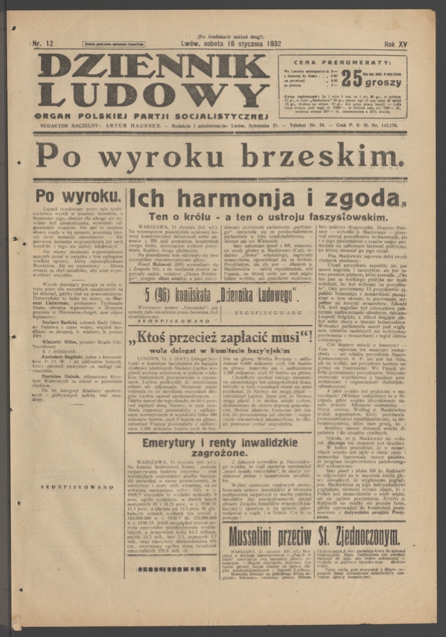 Dziennik Ludowy&nbsp;: organ Polskiej Partji Socjalistycznej. Rok&nbsp;15, 1932, numer&nbsp;12 (po&nbsp;konfiskacie nakład drugi)