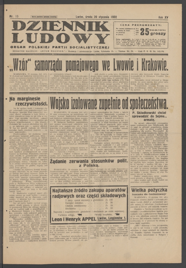 Dziennik Ludowy&nbsp;: organ Polskiej Partji Socjalistycznej. Rok&nbsp;15, 1932, numer&nbsp;15