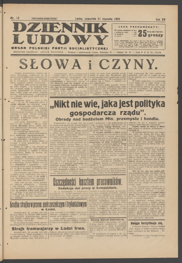 Dziennik Ludowy&nbsp;: organ Polskiej Partji Socjalistycznej. Rok&nbsp;15, 1932, numer&nbsp;16