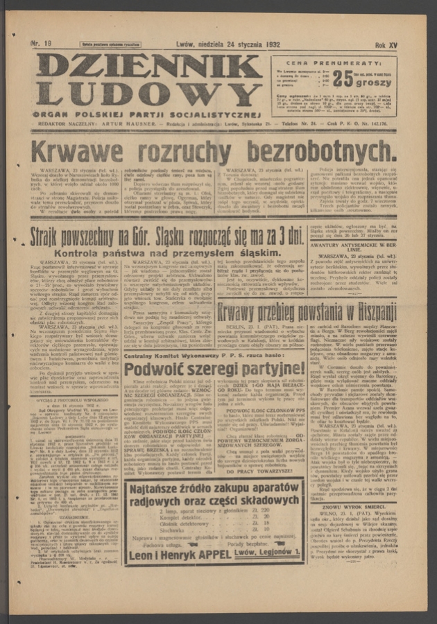 Dziennik Ludowy&nbsp;: organ Polskiej Partji Socjalistycznej. Rok&nbsp;15, 1932, numer&nbsp;19