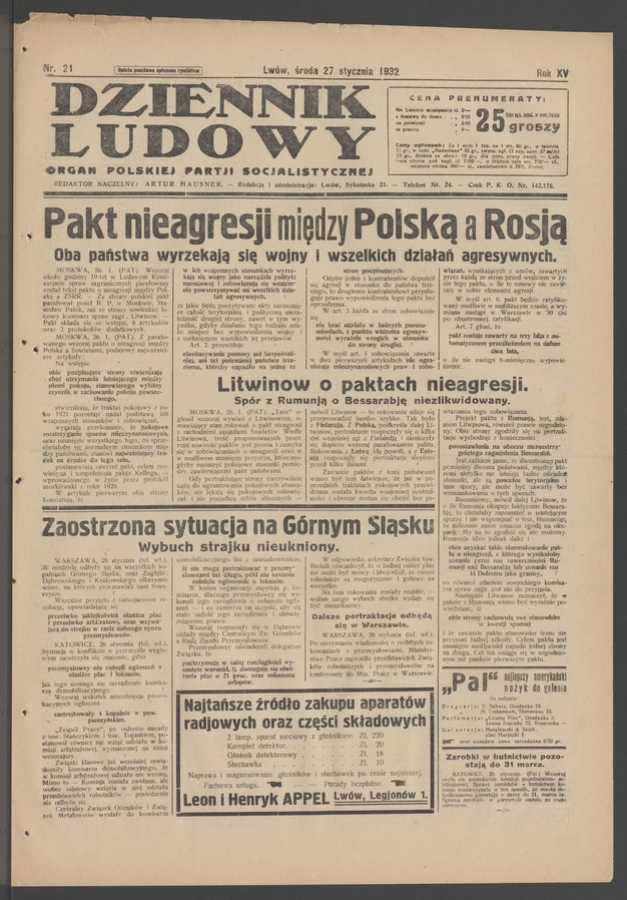Dziennik Ludowy&nbsp;: organ Polskiej Partji Socjalistycznej. Rok&nbsp;15, 1932, numer&nbsp;21