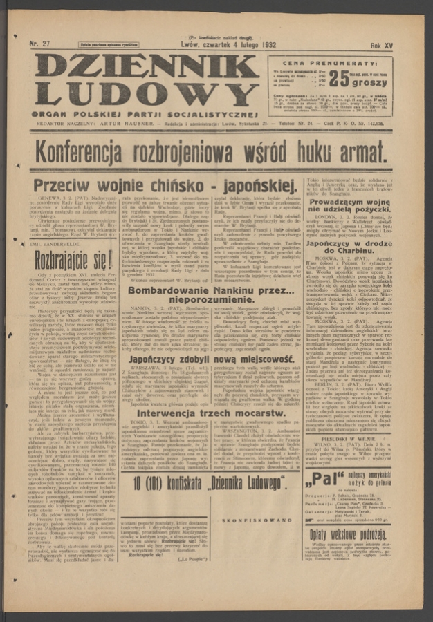 Dziennik Ludowy&nbsp;: organ Polskiej Partji Socjalistycznej. Rok&nbsp;15, 1932, numer&nbsp;27 (po&nbsp;konfiskacie nakład drugi)