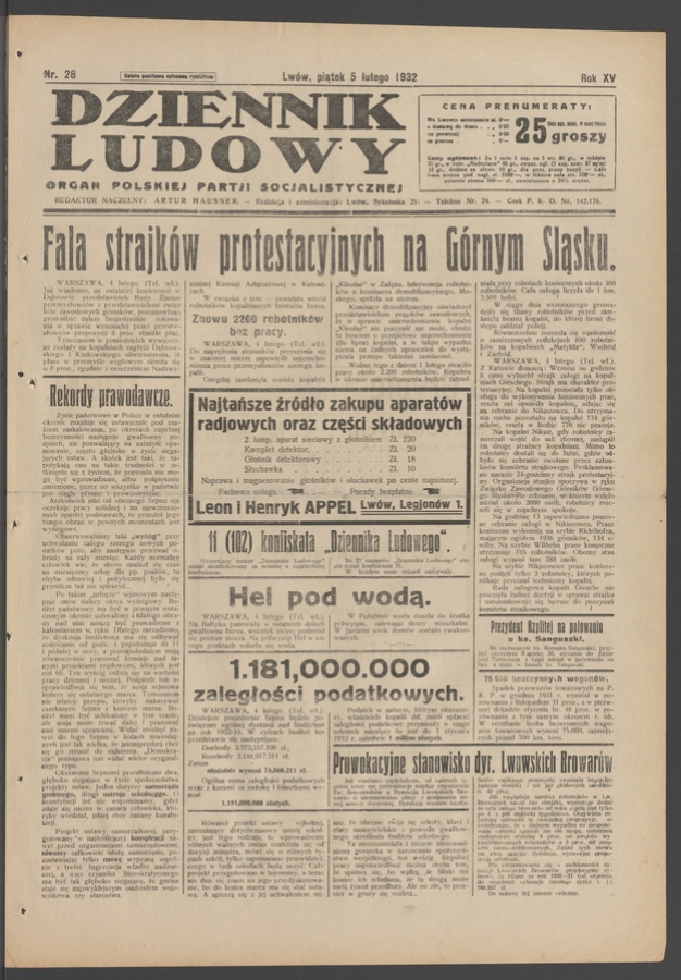 Dziennik Ludowy&nbsp;: organ Polskiej Partji Socjalistycznej. Rok&nbsp;15, 1932, numer&nbsp;28