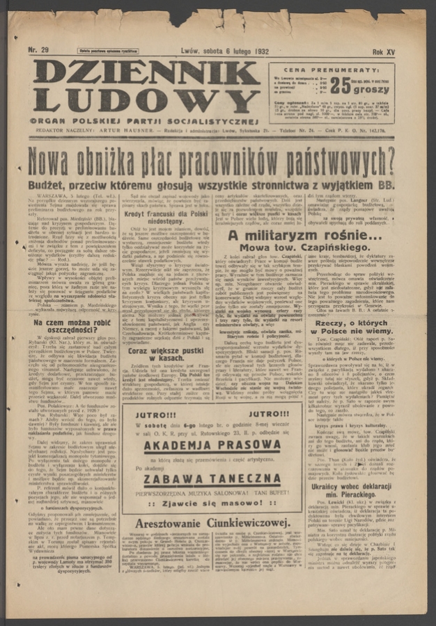 Dziennik Ludowy&nbsp;: organ Polskiej Partji Socjalistycznej. Rok&nbsp;15, 1932, numer&nbsp;29