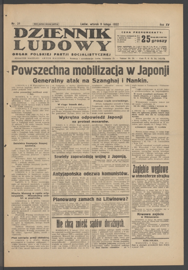 Dziennik Ludowy&nbsp;: organ Polskiej Partji Socjalistycznej. Rok&nbsp;15, 1932, numer&nbsp;31