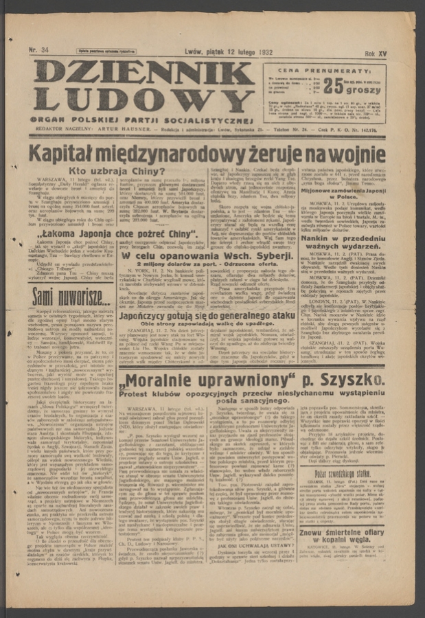 Dziennik Ludowy&nbsp;: organ Polskiej Partji Socjalistycznej. Rok&nbsp;15, 1932, numer&nbsp;34