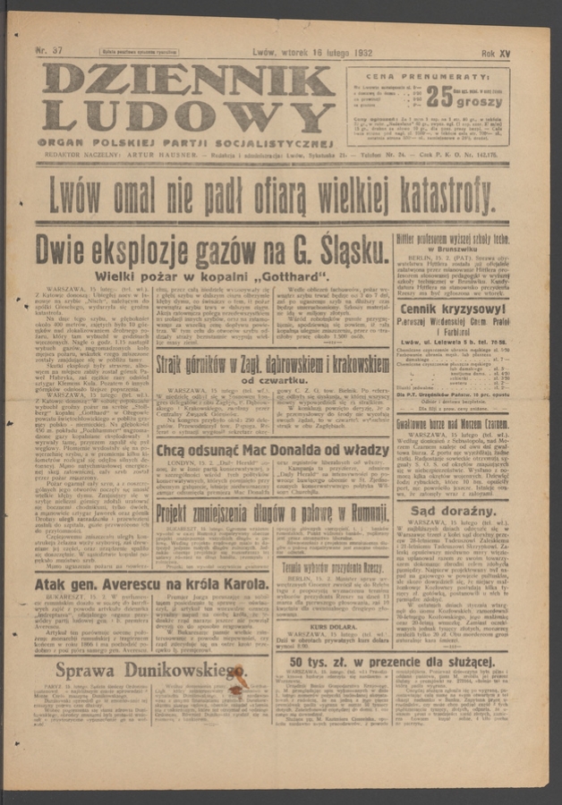 Dziennik Ludowy&nbsp;: organ Polskiej Partji Socjalistycznej. Rok&nbsp;15, 1932, numer&nbsp;37
