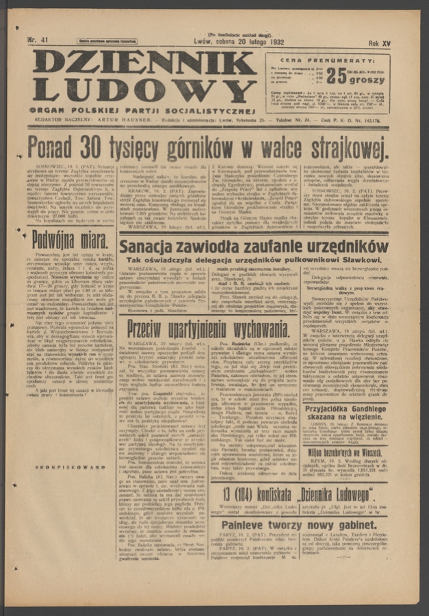 Dziennik Ludowy&nbsp;: organ Polskiej Partji Socjalistycznej. Rok&nbsp;15, 1932, numer&nbsp;41 (po&nbsp;konfiskacie nakład drugi)