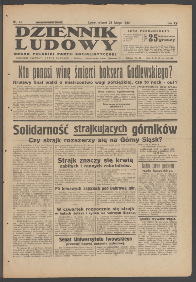 Dziennik Ludowy&nbsp;: organ Polskiej Partji Socjalistycznej. Rok&nbsp;15, 1932, numer&nbsp;43