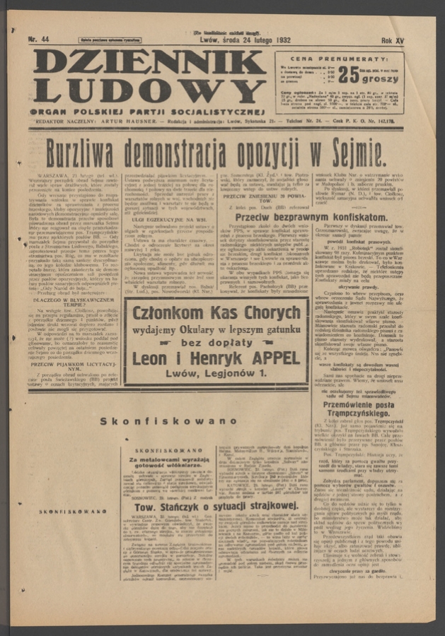 Dziennik Ludowy&nbsp;: organ Polskiej Partji Socjalistycznej. Rok&nbsp;15, 1932, numer&nbsp;44 (po&nbsp;konfiskacie nakład drugi)