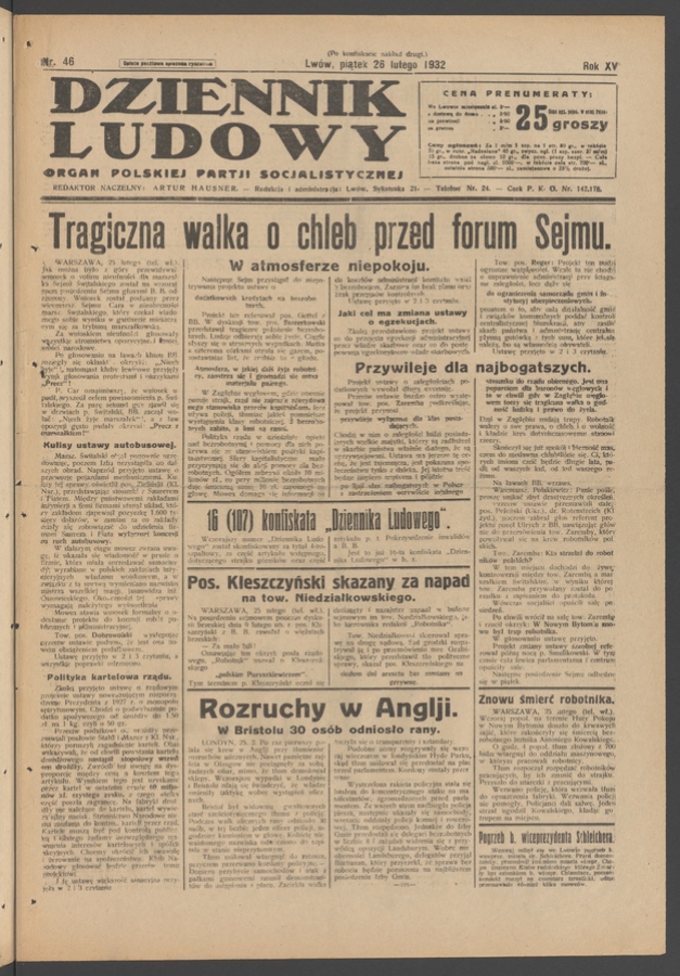 Dziennik Ludowy&nbsp;: organ Polskiej Partji Socjalistycznej. Rok&nbsp;15, 1932, numer&nbsp;46 (po&nbsp;konfiskacie nakład drugi)