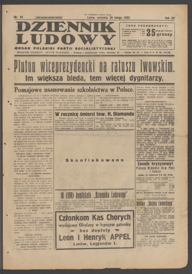 Dziennik Ludowy&nbsp;: organ Polskiej Partji Socjalistycznej. Rok&nbsp;15, 1932, numer&nbsp;48 (po&nbsp;konfiskacie nakład drugi)