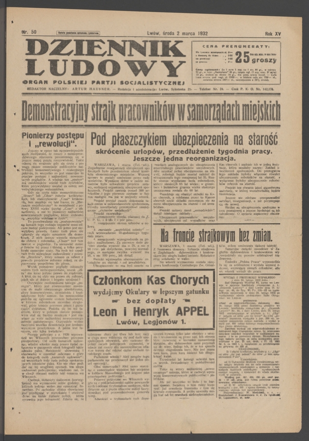 Dziennik Ludowy&nbsp;: organ Polskiej Partji Socjalistycznej. Rok&nbsp;15, 1932, numer&nbsp;50