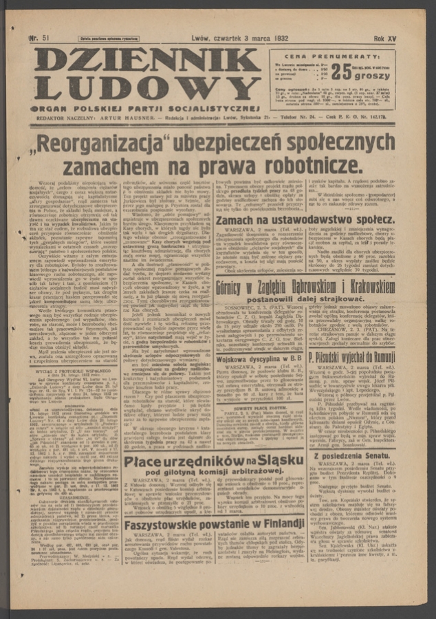 Dziennik Ludowy&nbsp;: organ Polskiej Partji Socjalistycznej. Rok&nbsp;15, 1932, numer&nbsp;51
