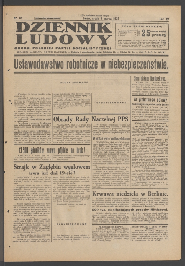 Dziennik Ludowy&nbsp;: organ Polskiej Partji Socjalistycznej. Rok&nbsp;15, 1932, numer&nbsp;55 (po&nbsp;konfiskacie nakład drugi)