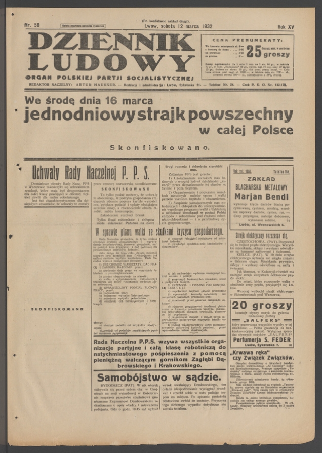 Dziennik Ludowy&nbsp;: organ Polskiej Partji Socjalistycznej. Rok&nbsp;15, 1932, numer&nbsp;58 (po&nbsp;konfiskacie nakład drugi)