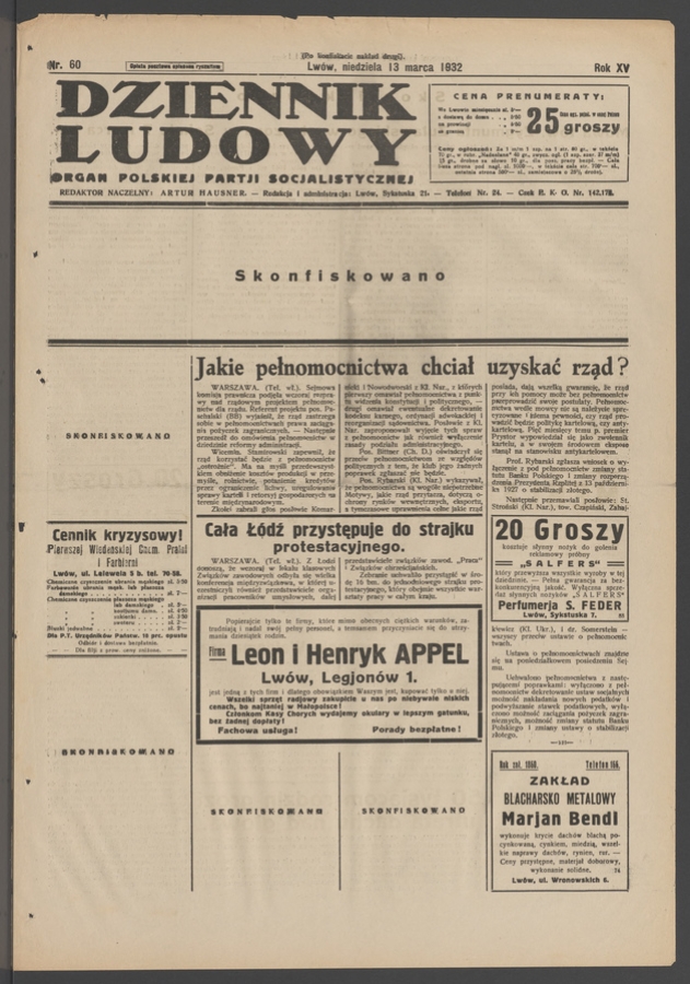Dziennik Ludowy&nbsp;: organ Polskiej Partji Socjalistycznej. Rok&nbsp;15, 1932, numer&nbsp;60 (po&nbsp;konfiskacie nakład drugi)