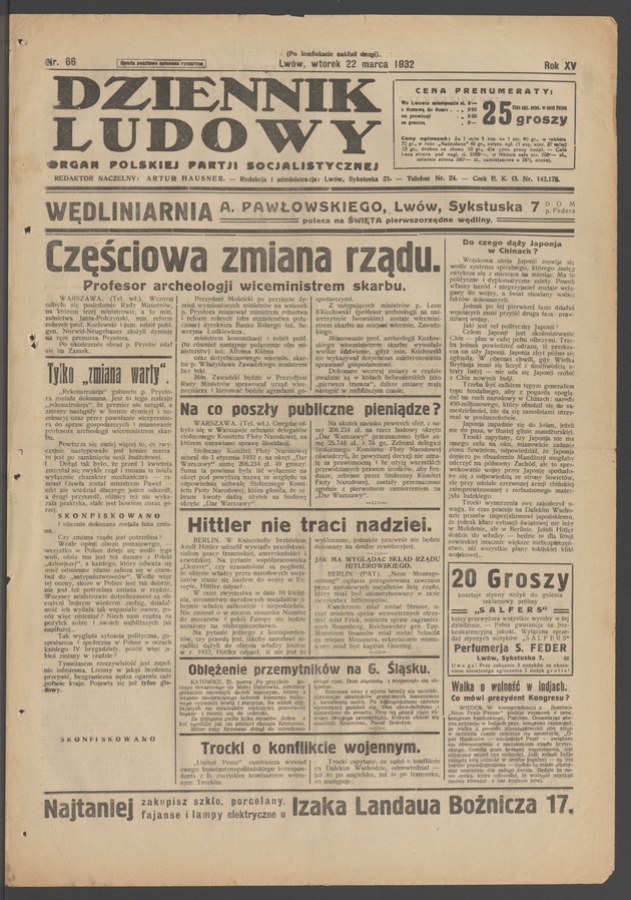 Dziennik Ludowy&nbsp;: organ Polskiej Partji Socjalistycznej. Rok&nbsp;15, 1932, numer&nbsp;66 (po&nbsp;konfiskacie nakład drugi)