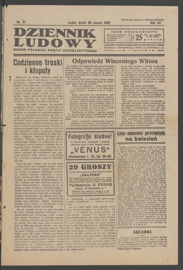 Dziennik Ludowy&nbsp;: organ Polskiej Partji Socjalistycznej. Rok&nbsp;15, 1932, numer&nbsp;71