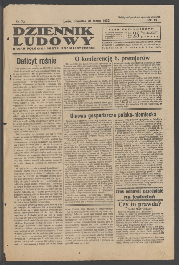 Dziennik Ludowy&nbsp;: organ Polskiej Partji Socjalistycznej. Rok&nbsp;15, 1932, numer&nbsp;72