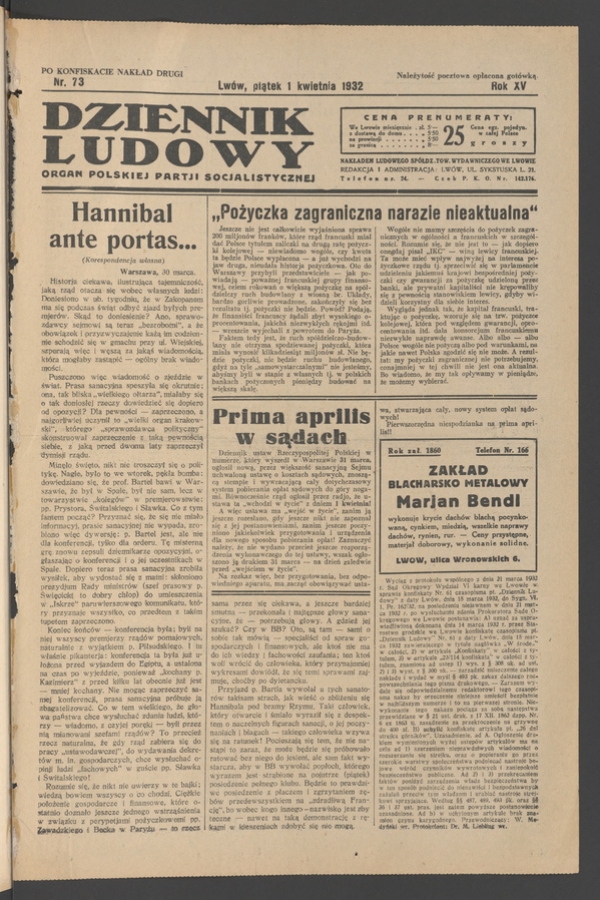 Dziennik Ludowy&nbsp;: organ Polskiej Partji Socjalistycznej. Rok&nbsp;15, 1932, numer&nbsp;73 (po&nbsp;konfiskacie nakład drugi)