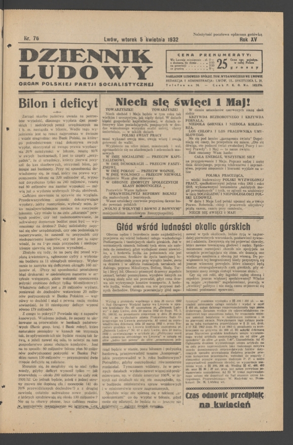 Dziennik Ludowy&nbsp;: organ Polskiej Partji Socjalistycznej. Rok&nbsp;15, 1932, numer&nbsp;76