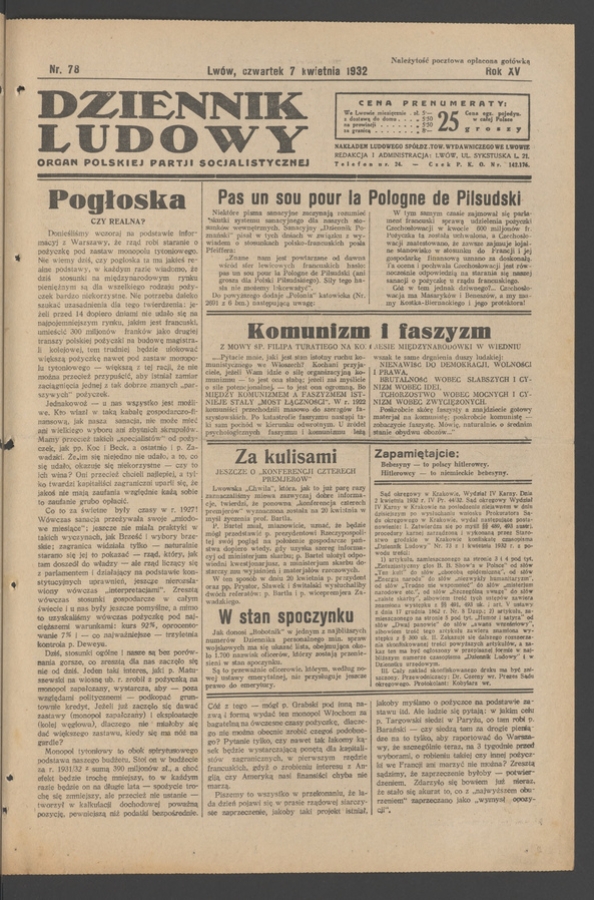 Dziennik Ludowy&nbsp;: organ Polskiej Partji Socjalistycznej. Rok&nbsp;15, 1932, numer&nbsp;78