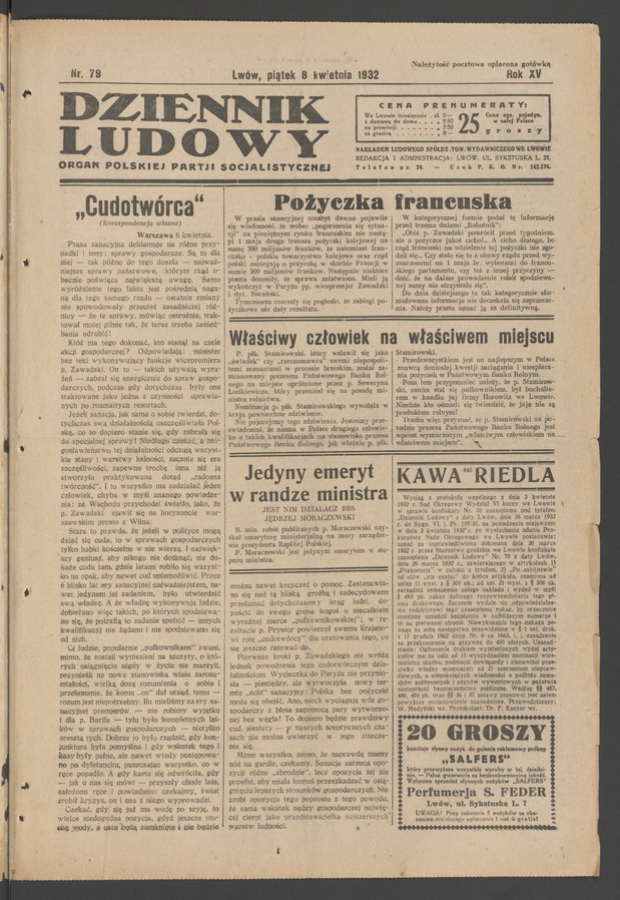 Dziennik Ludowy&nbsp;: organ Polskiej Partji Socjalistycznej. Rok&nbsp;15, 1932, numer&nbsp;79