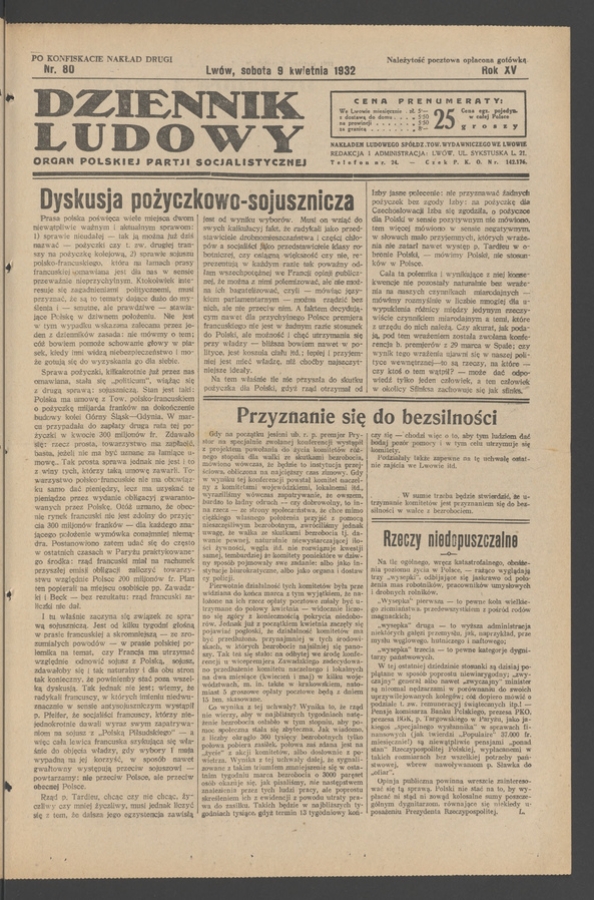 Dziennik Ludowy&nbsp;: organ Polskiej Partji Socjalistycznej. Rok&nbsp;15, 1932, numer&nbsp;80 (po&nbsp;konfiskacie nakład drugi)