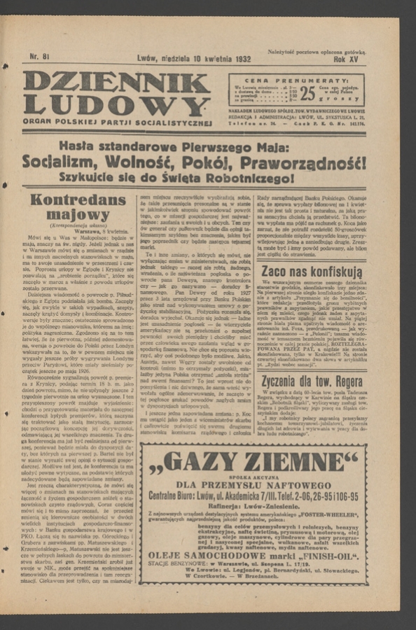Dziennik Ludowy&nbsp;: organ Polskiej Partji Socjalistycznej. Rok&nbsp;15, 1932, numer&nbsp;81