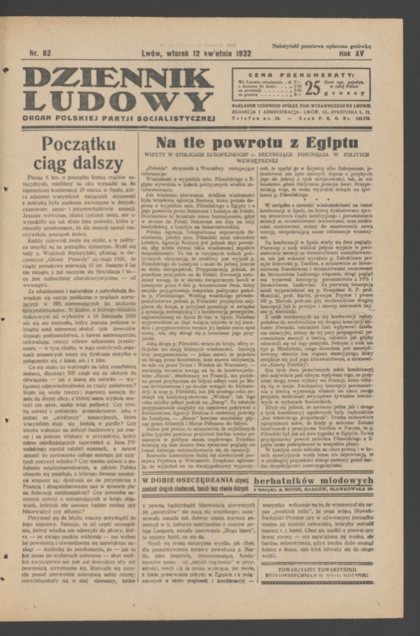 Dziennik Ludowy&nbsp;: organ Polskiej Partji Socjalistycznej. Rok&nbsp;15, 1932, numer&nbsp;82