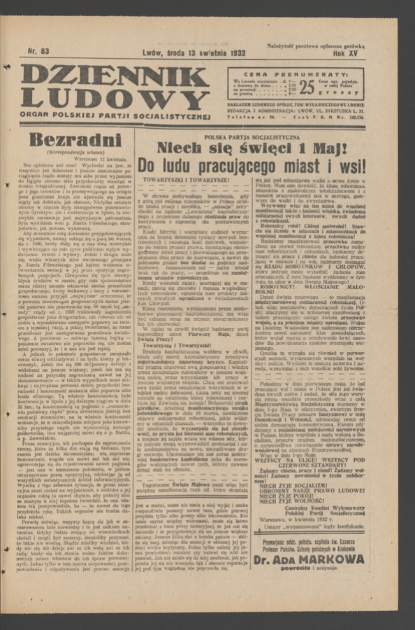 Dziennik Ludowy&nbsp;: organ Polskiej Partji Socjalistycznej. Rok&nbsp;15, 1932, numer&nbsp;83