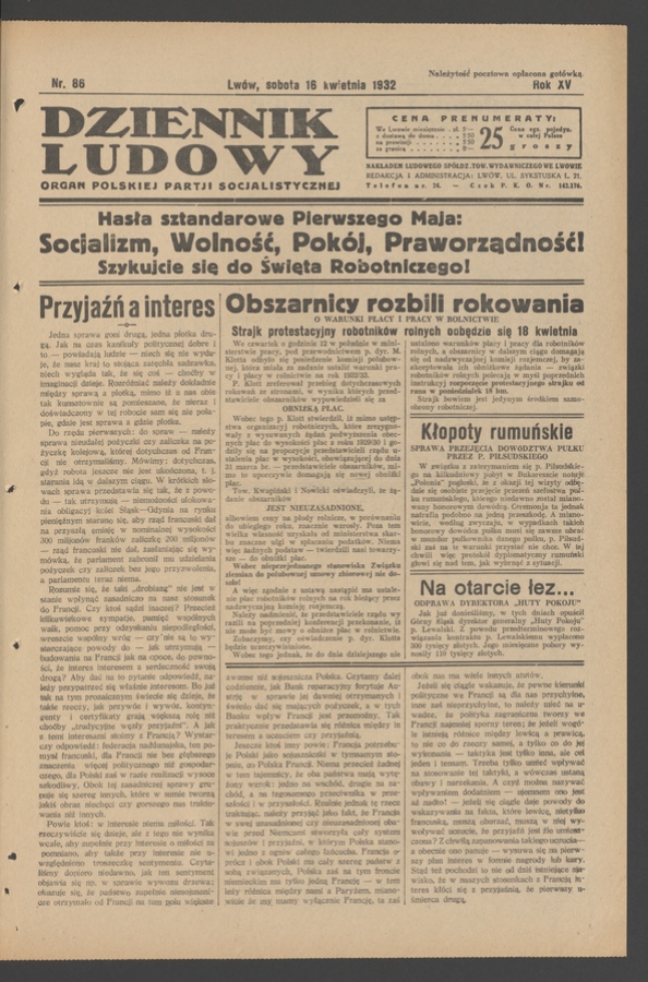 Dziennik Ludowy&nbsp;: organ Polskiej Partji Socjalistycznej. Rok&nbsp;15, 1932, numer&nbsp;86