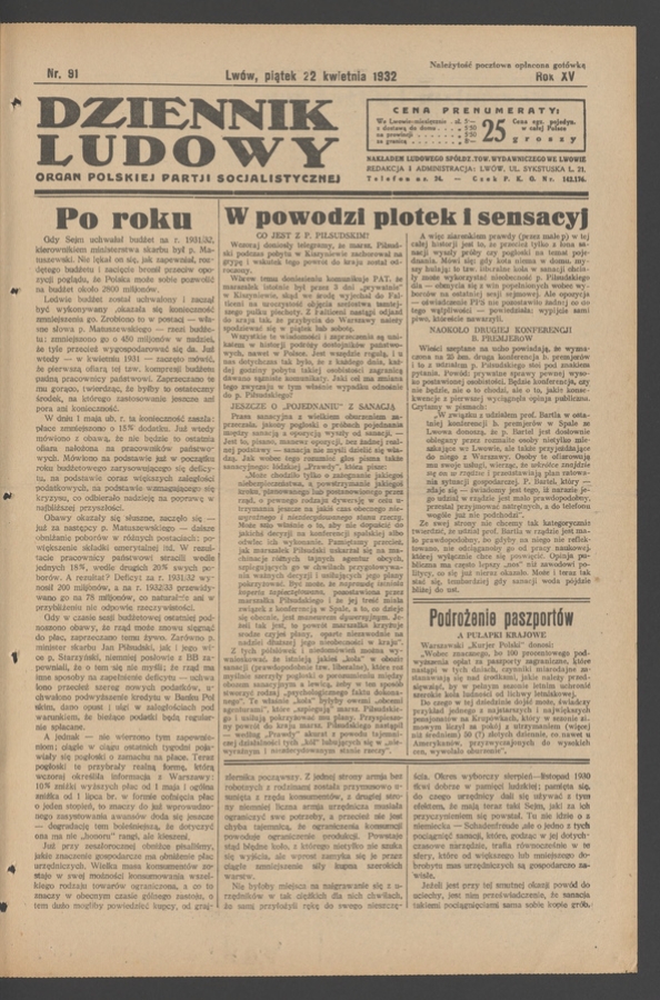 Dziennik Ludowy&nbsp;: organ Polskiej Partji Socjalistycznej. Rok&nbsp;15, 1932, numer&nbsp;91