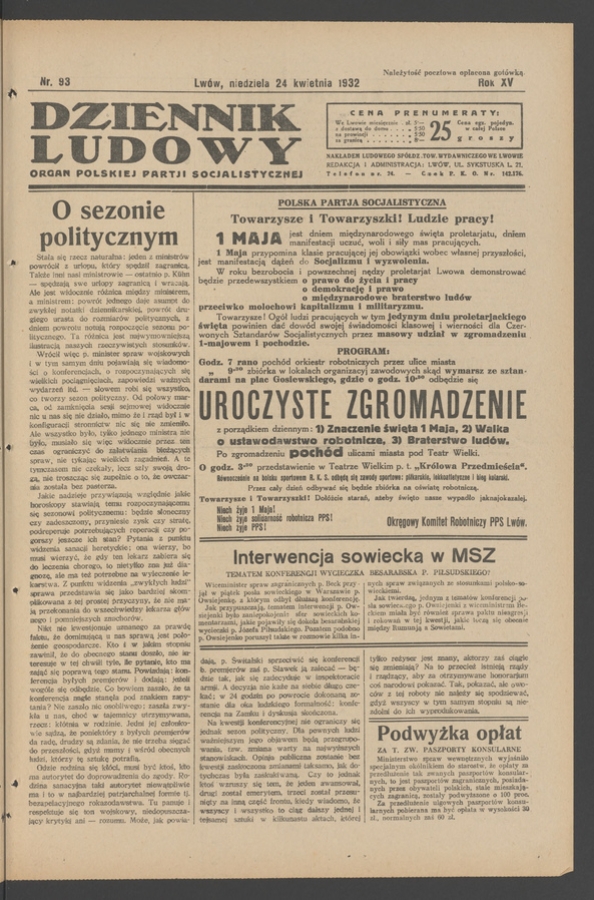 Dziennik Ludowy&nbsp;: organ Polskiej Partji Socjalistycznej. Rok&nbsp;15, 1932, numer&nbsp;93