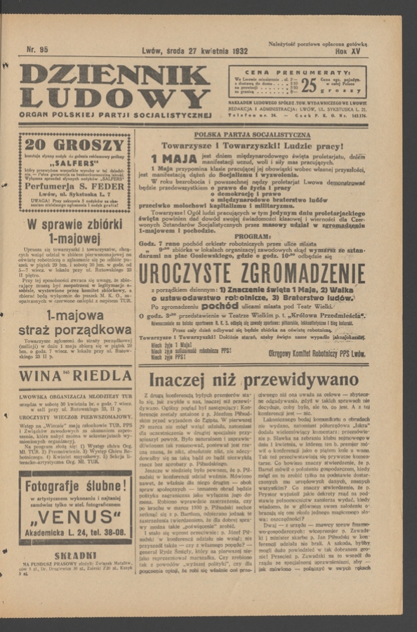 Dziennik Ludowy&nbsp;: organ Polskiej Partji Socjalistycznej. Rok&nbsp;15, 1932, numer&nbsp;95